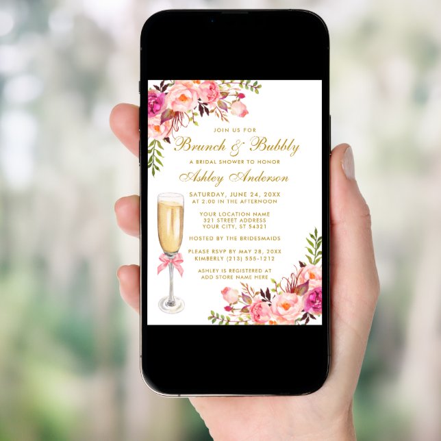 Bridal Shower Pink Floral Brunch Bubbly Gold Invitation (Front Digital)