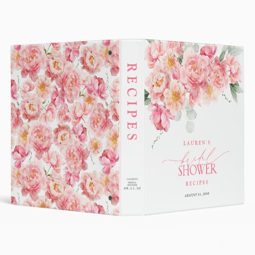 Bridal Shower Pink Floral Elegant Greenery Recipe 3 Ring Binder