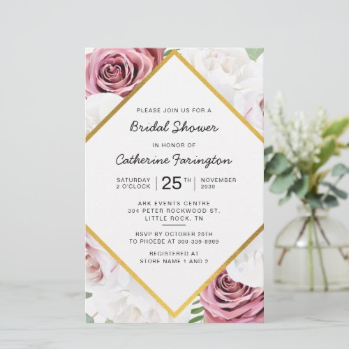 Bridal Shower Pink Floral Gold Frame Invitation Stationery