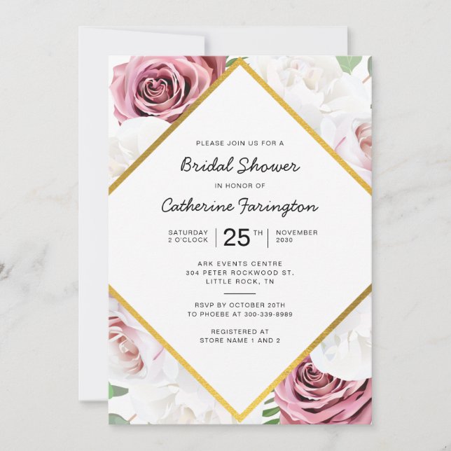Bridal Shower Pink Floral Gold Geometric Frame Invitation (Front)