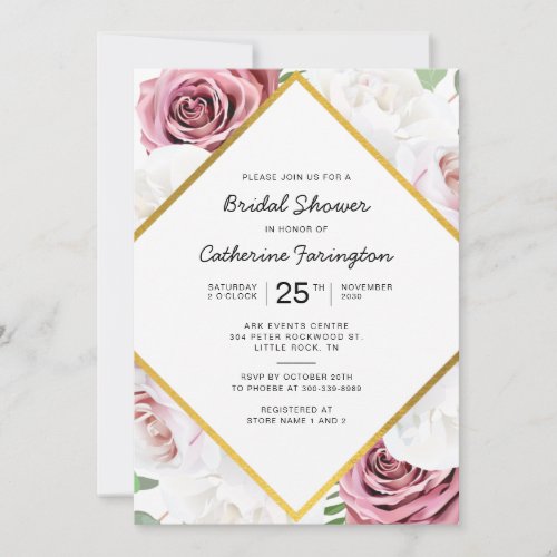 Bridal Shower Pink Floral Gold Geometric Frame Invitation
