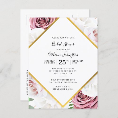 Bridal Shower Pink Floral Gold Geometric Frame Invitation Postcard