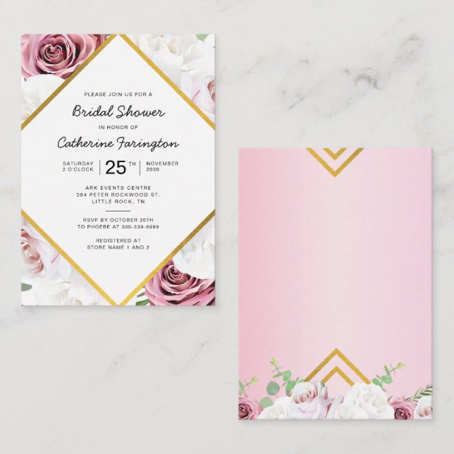 Bridal Shower Pink Floral Gold Geometric Frame Note Card (Front/Back)