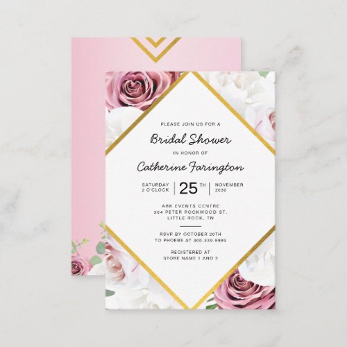 Bridal Shower Pink Floral Gold Geometric Frame Note Card