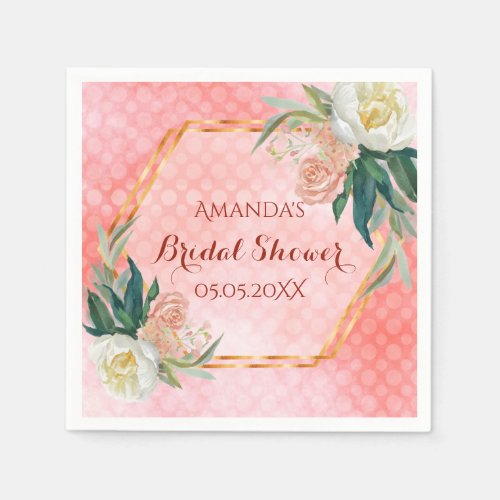 Bridal Shower pink floral gold geometric name Napkins