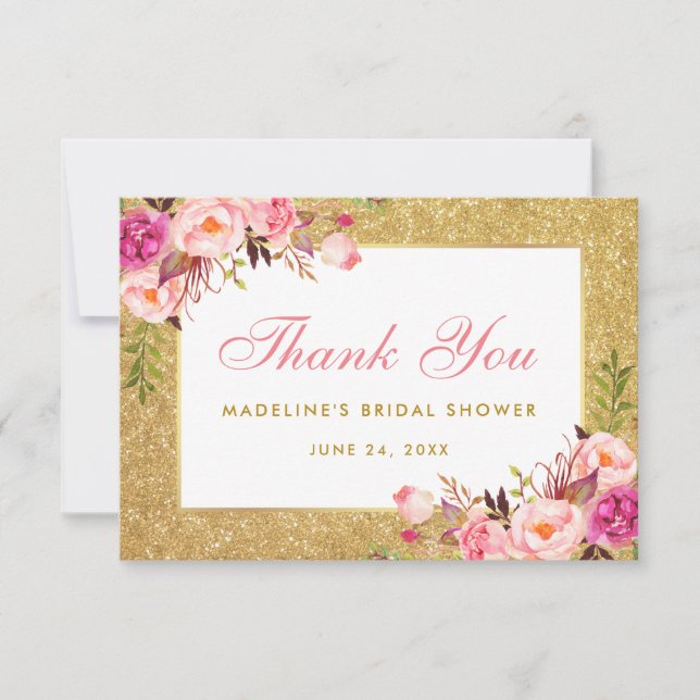 Bridal Shower Pink Floral Gold Glitter Thank You (Front)