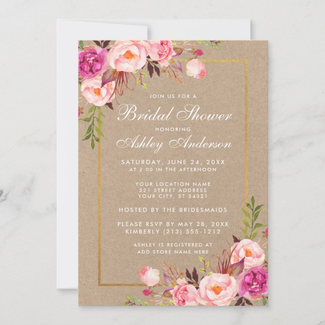 Bridal Shower Pink Floral Gold Kraft Invitation (Front)