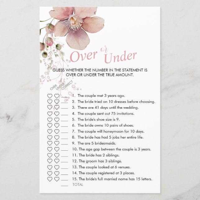 Bridal Shower Pink Floral Over or Under Game (Front)