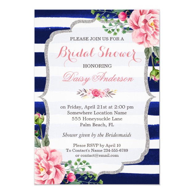Bridal Shower Pink Floral Silver Blue Stripes Invitation