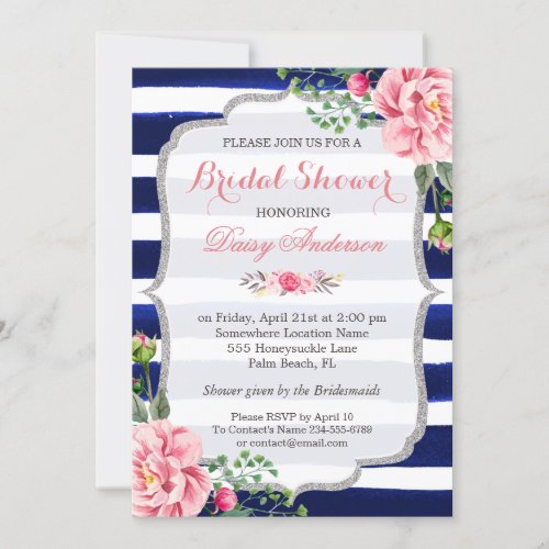 Bridal Shower Pink Floral Silver Blue Stripes Card