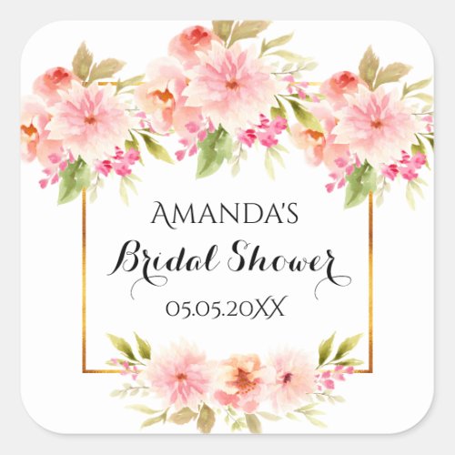 Bridal shower pink florals white name square sticker