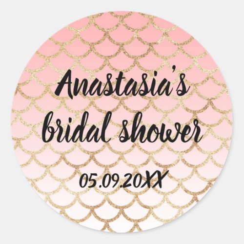 Bridal Shower Pink  Gold Mermaid Glitter Sparkles Classic Round Sticker
