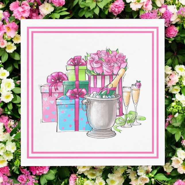 Bridal Shower Pink Green Gifts Champagne Glasses Napkins (Creator Uploaded)