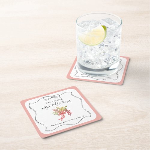 Bridal Shower Pink Hand Drawn Fancy Bow Floral Square Paper Coaster