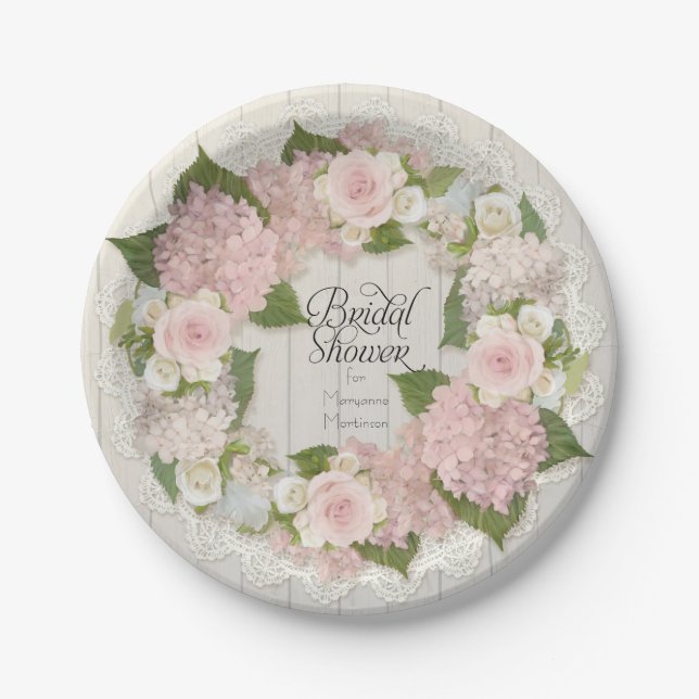 Bridal Shower Pink Hydrangea Roses Lace Wood Fence Paper Plates (Front)