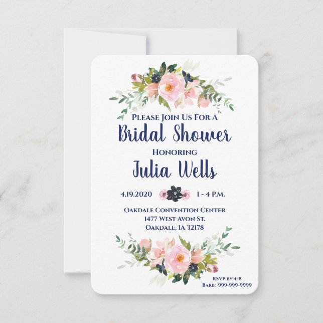 Bridal Shower Pink Navy Floral Invitations Chic (Front)