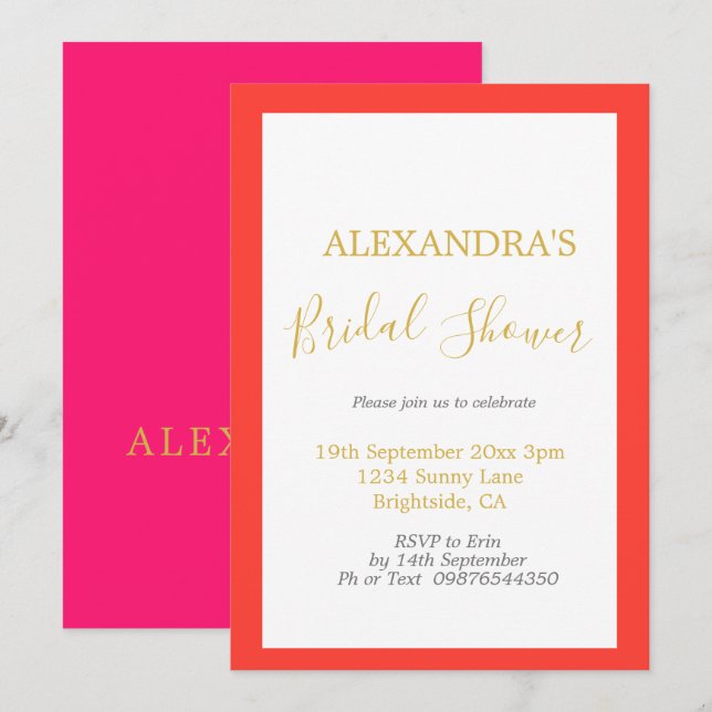 Bridal Shower Pink Orange Gold Simple Invitation (Front/Back)