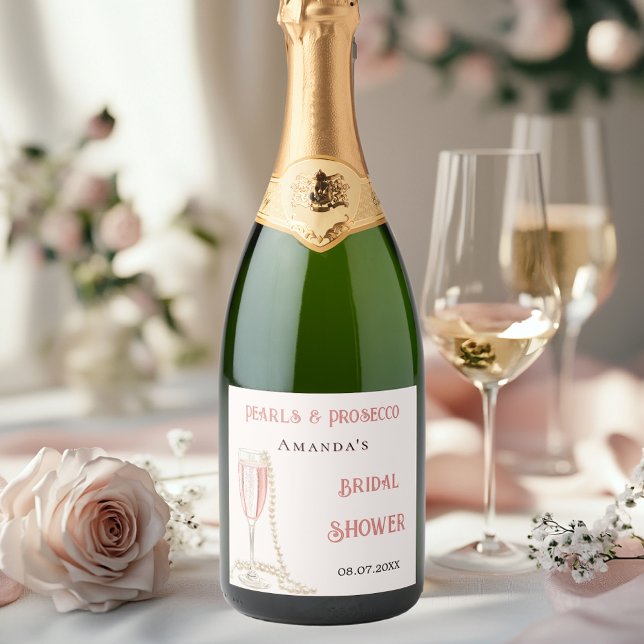 Bridal shower pink pearls prosecco sparkling wine label (Creator Uploaded)