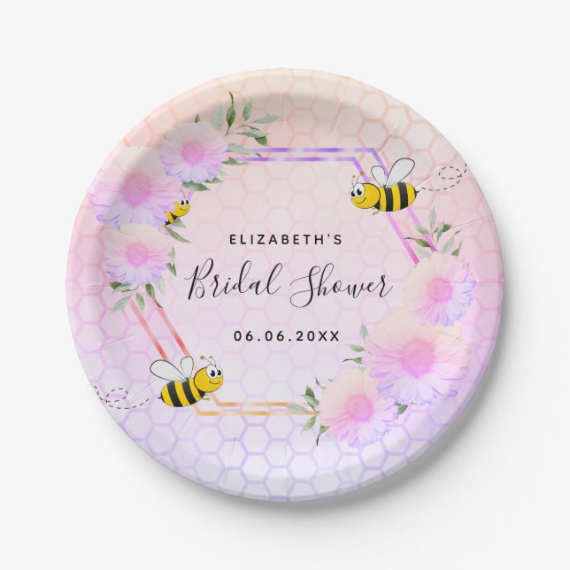 Bridal shower pink purple bride to bee  paper plates (Front)