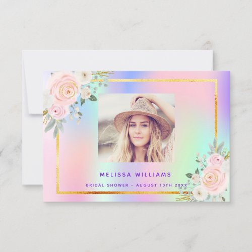 Bridal Shower pink purple photo floral holographic Thank You Card