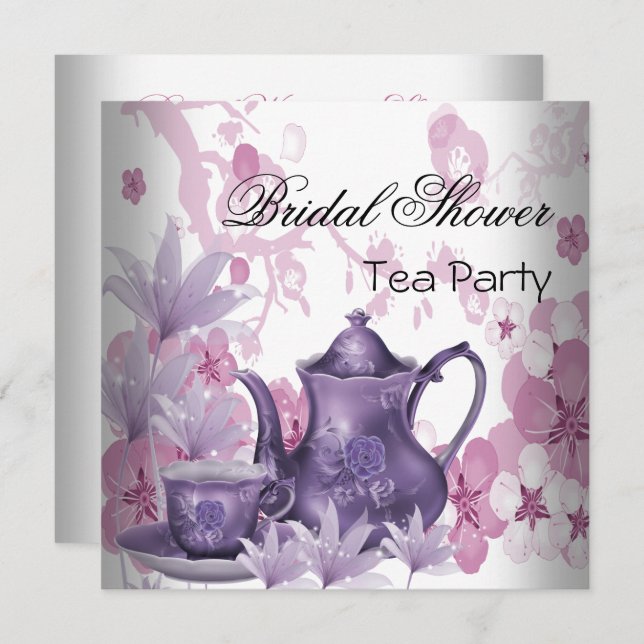 Bridal Shower Pink Purple Tea Party Invitation (Front/Back)