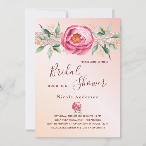 Bridal shower pink rose gold floral glamorous invitation
