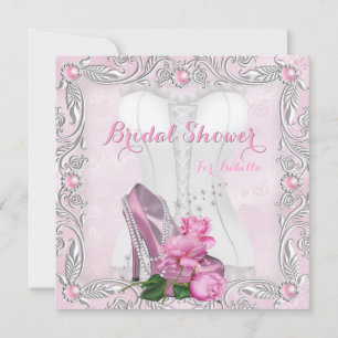 Bridal Shower Pink Rose Hi Heel Lace Damask 2 Invitation