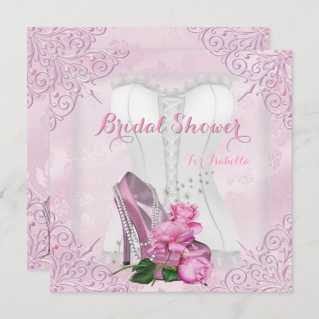 Bridal Shower Pink Rose Hi Heel Lace Damask Invitation (Front/Back)