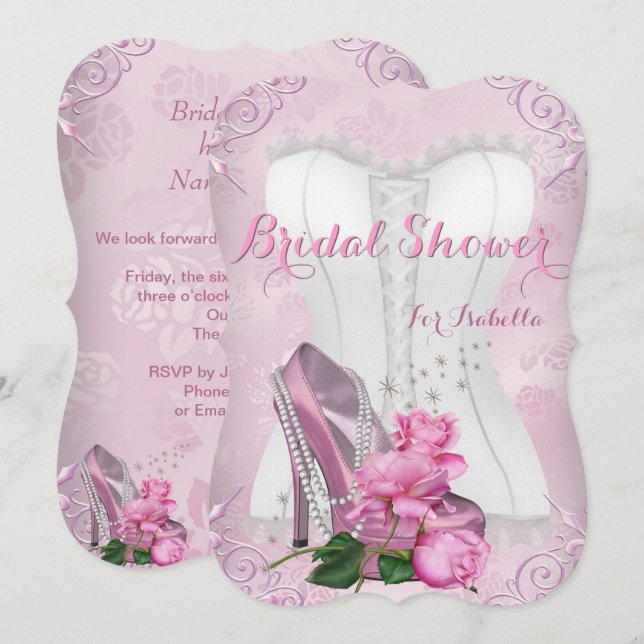Bridal Shower Pink Rose High Heel Floral Damask Invitation (Front/Back)