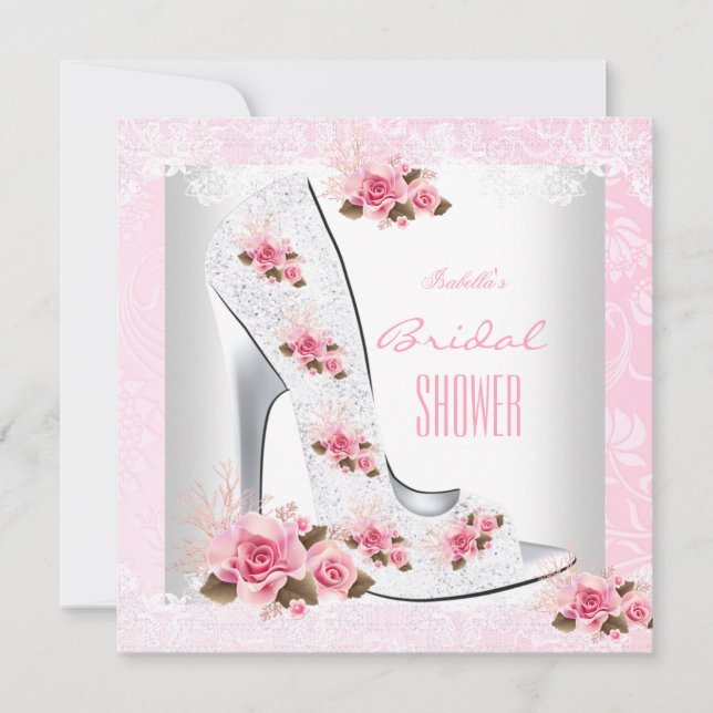 Bridal Shower Pink Rose White Lace Hi Heel Invitation (Front)