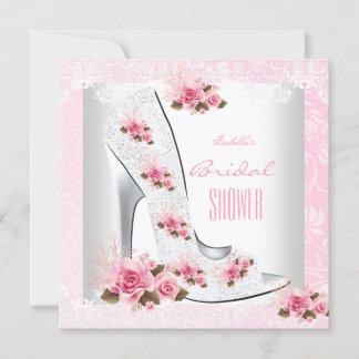 Bridal Shower Pink Rose White Lace Hi Heel Invitation