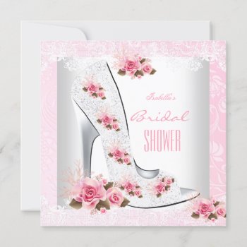 Bridal Shower Pink Rose White Lace Hi Heel Invitation by Zizzago at Zazzle