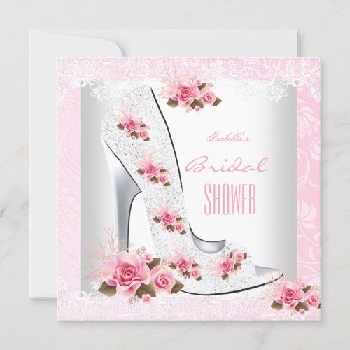 Bridal Shower Pink Rose White Lace Hi Heel Invitation