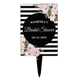 Bridal Shower Pink Roses Ballerina Black Stripes Cake Topper
