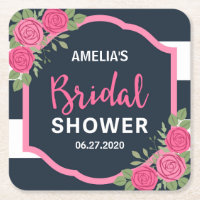 Bridal Shower Pink Roses Blue White Stripes Square Paper Coaster