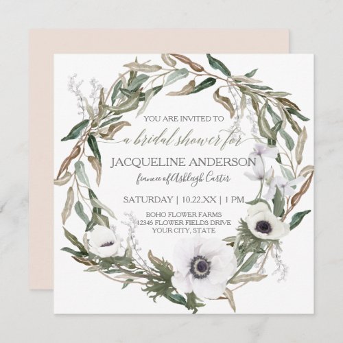 Bridal Shower Pink Rustic Winery Olive Leaf Wreath Invitation