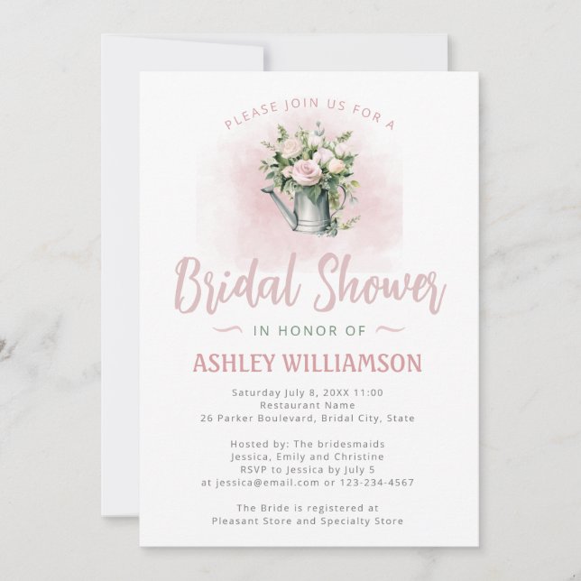 Bridal Shower Pink Sage Watering Can Roses Invitation (Front)