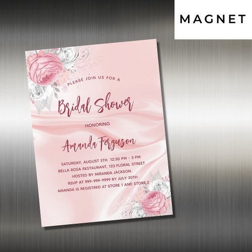 Bridal shower pink silk florals white roses luxury magnetic invitation