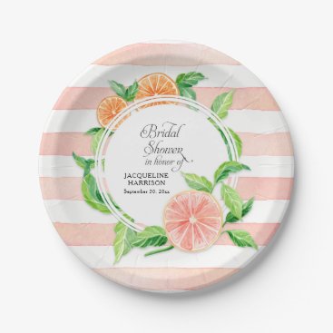 Bridal Shower Pink Striped Citrus Orange Art Paper Plates