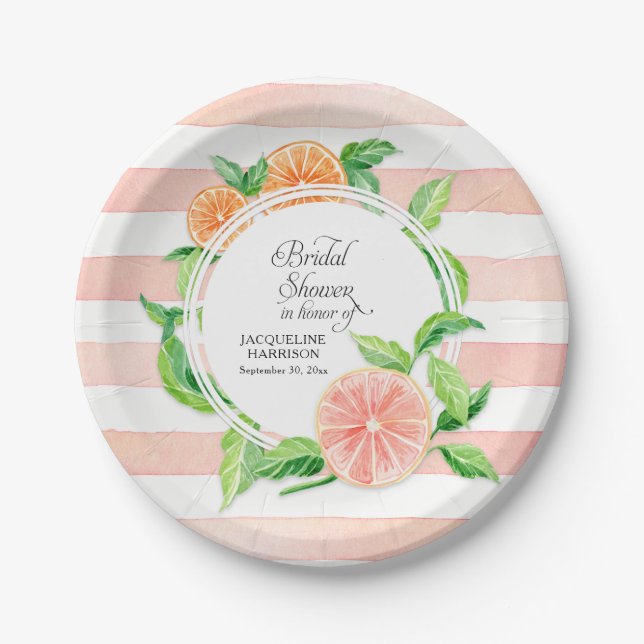 Bridal Shower Pink Striped Citrus Orange Art Paper Plates (Front)