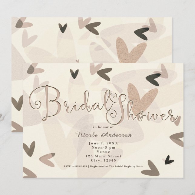 Bridal Shower Pink & Taupe Hearts Chic Invitations (Front/Back)