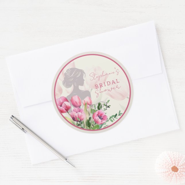Bridal Shower Pink Tulip Round Sticker (Envelope)