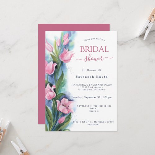 Bridal Shower Pink Tulips Floral Watercolor Invitation