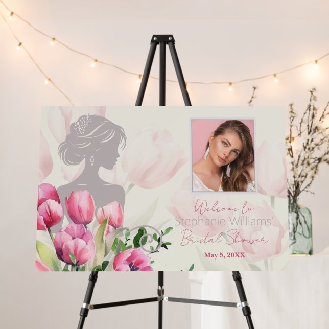 Bridal Shower Pink Tulips Photo Welcome Sign (In Situ (Stand))