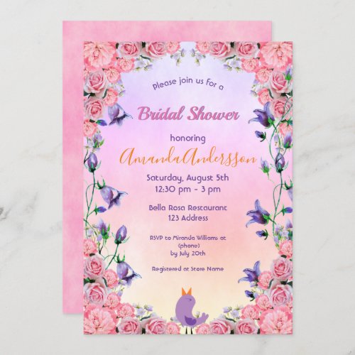 Bridal shower pink violet floral bird invitation