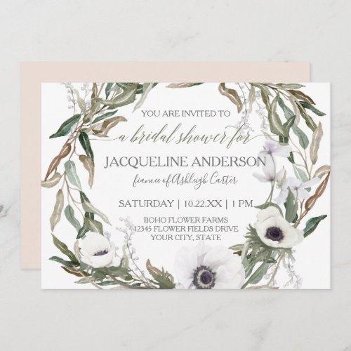 Bridal Shower Pink Watercolor Anemone Olive Wreath Invitation