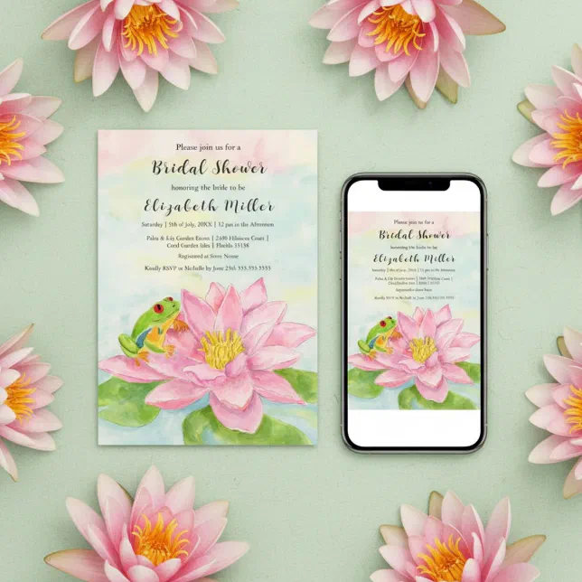 Water Tree Invetion Bridal Shower Pink Waterlily & Tree Frog Invitation | Zazzle