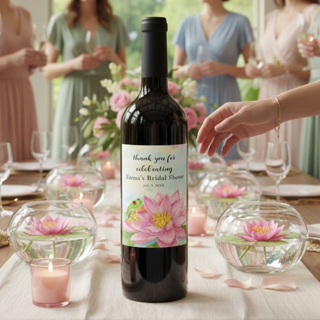 Bridal Shower Pink Waterlily & Tree Frog Wine Label (Creator Uploaded)
