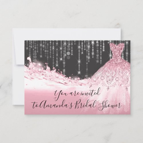 Bridal Shower Pink Waves Glitter Gray Grey Siver Invitation