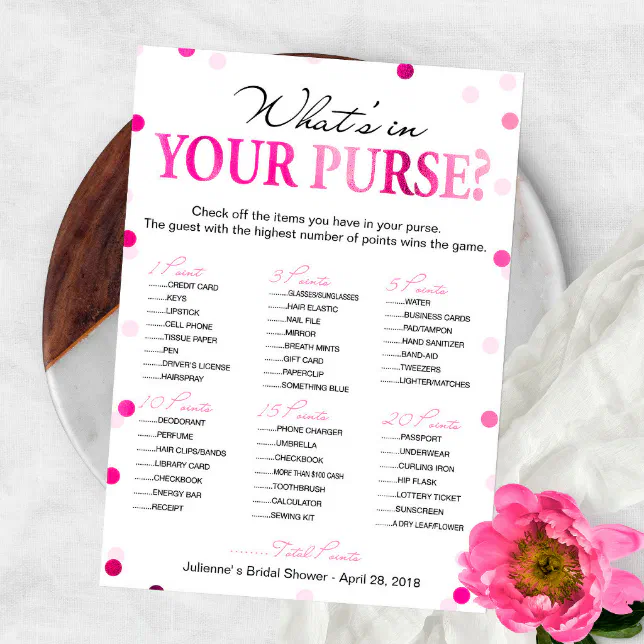 Bridal Shower Pink What 's in your Purse Game Invitation | Zazzle